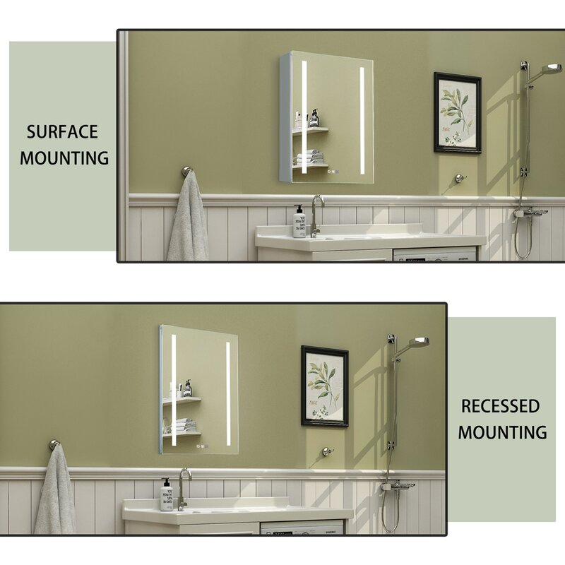 Recessed or Surface Mount Frameless 1 Door Medicine Cabinet with 3 Adjustable Shelves and LED Lighting and Electrical Outle
