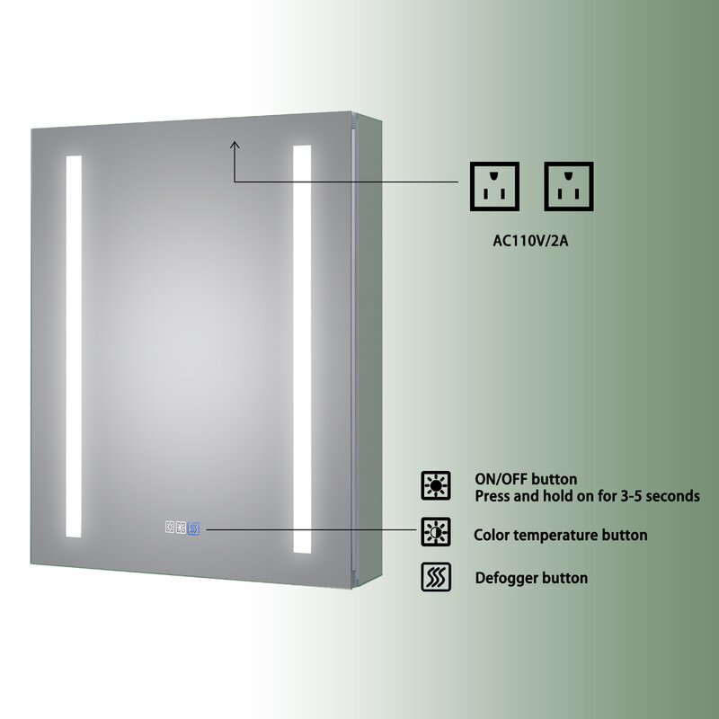 Recessed or Surface Mount Frameless 1 Door Medicine Cabinet with 3 Adjustable Shelves and LED Lighting and Electrical Outle
