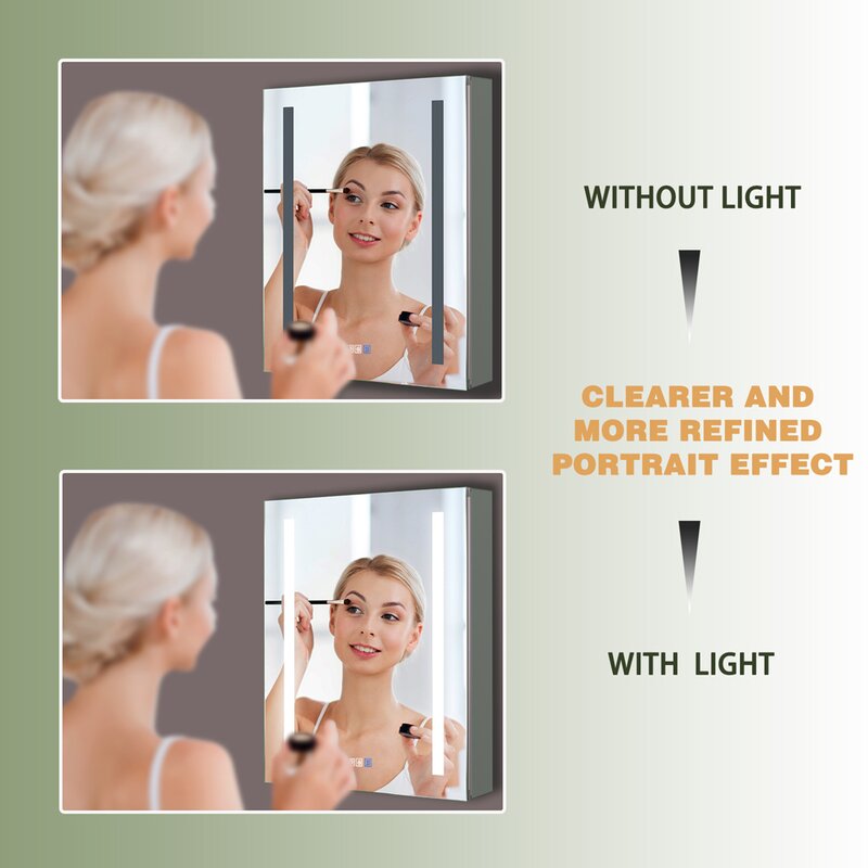Recessed or Surface Mount Frameless 1 Door Medicine Cabinet with 3 Adjustable Shelves and LED Lighting and Electrical Outle