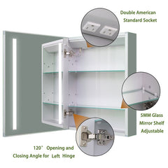 Recessed or Surface Mount Frameless 1 Door Medicine Cabinet with 3 Adjustable Shelves and LED Lighting and Electrical Outle