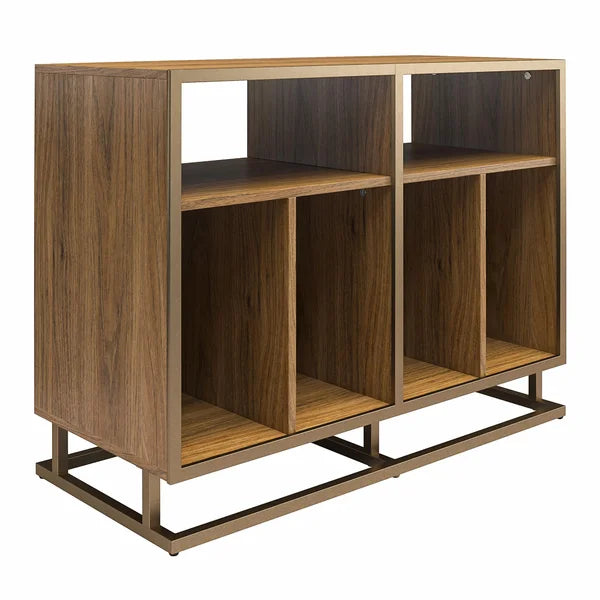 Walnut Regal Double Wide Record Station Audio Rack 2 Open Shelves with Cable Management