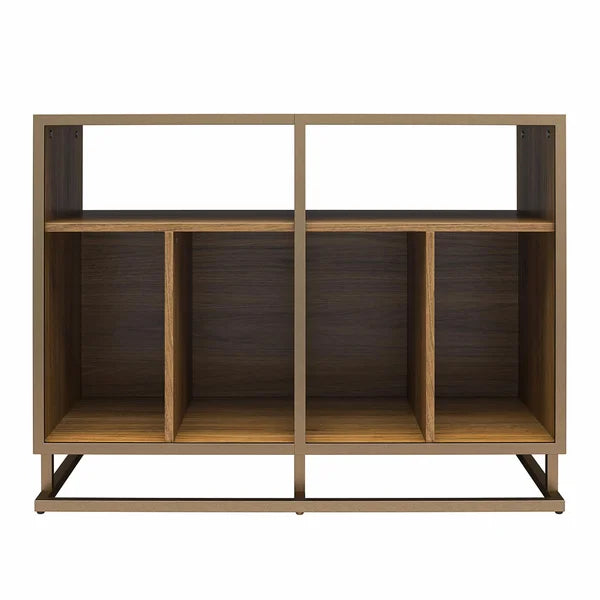 Walnut Regal Double Wide Record Station Audio Rack 2 Open Shelves with Cable Management