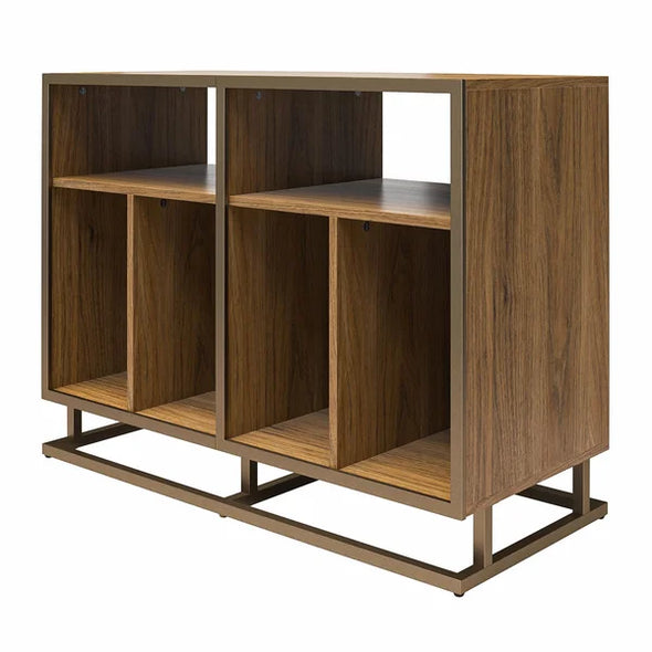 Walnut Regal Double Wide Record Station Audio Rack 2 Open Shelves with Cable Management