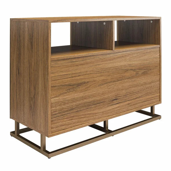 Walnut Regal Double Wide Record Station Audio Rack 2 Open Shelves with Cable Management