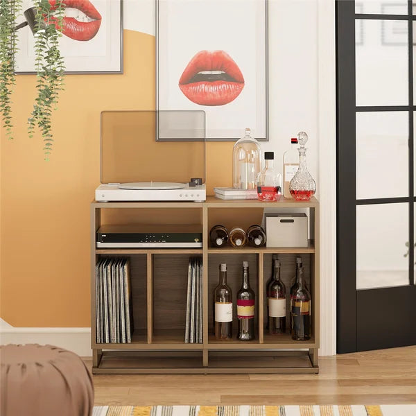 Walnut Regal Double Wide Record Station Audio Rack 2 Open Shelves with Cable Management