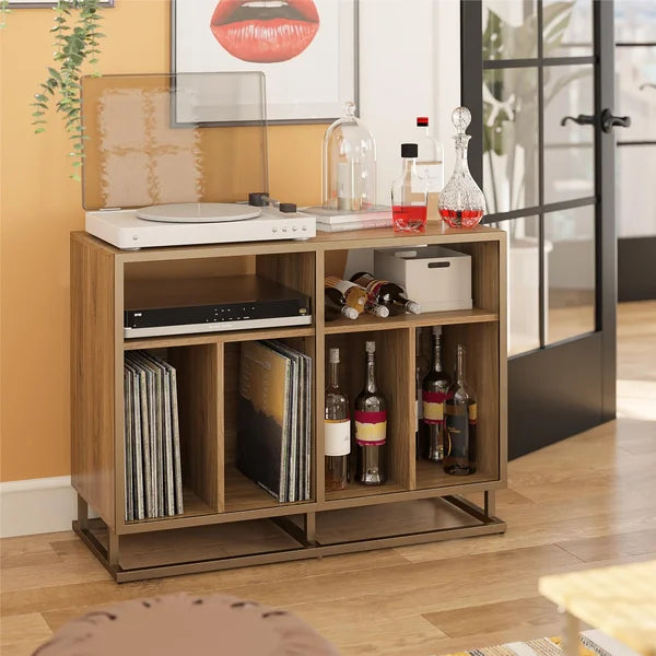 Walnut Regal Double Wide Record Station Audio Rack 2 Open Shelves with Cable Management