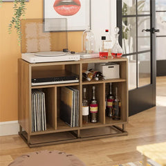 Walnut Regal Double Wide Record Station Audio Rack 2 Open Shelves with Cable Management