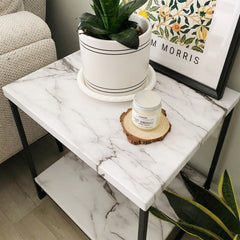 White Marble Black Remzi 20'' 2-Tier Print End Table Aesthetic Indoor Design