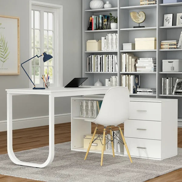 Reversible L Shaped Desk Perfectly for a Corner Space Open Storage Shelf