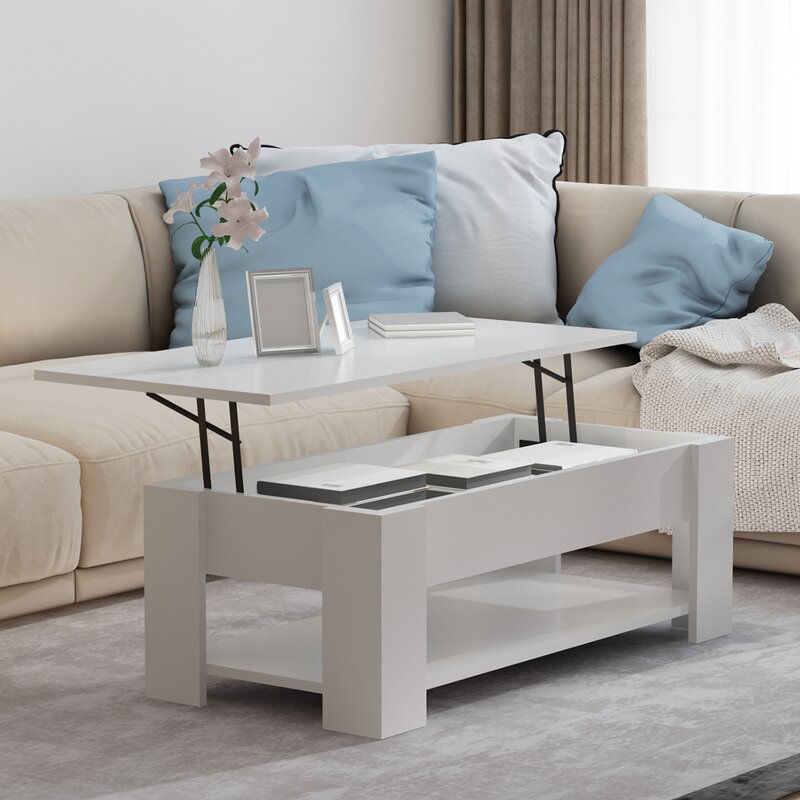 White Rohde Lift-Top Coffee Table With Hidden Compartment Storage Shelf Living Room Furniture