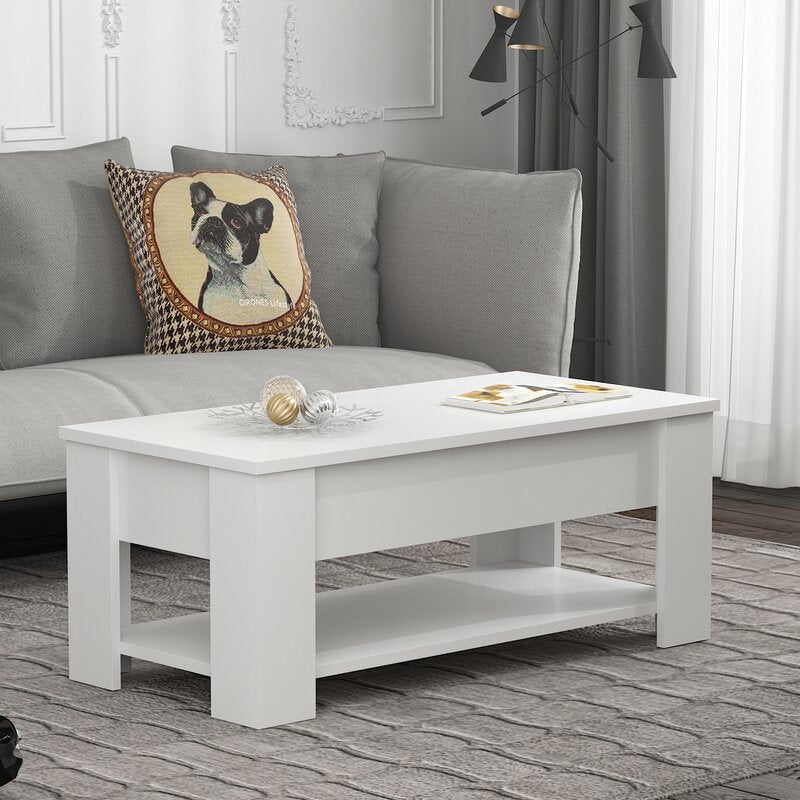 White Rohde Lift-Top Coffee Table With Hidden Compartment Storage Shelf Living Room Furniture