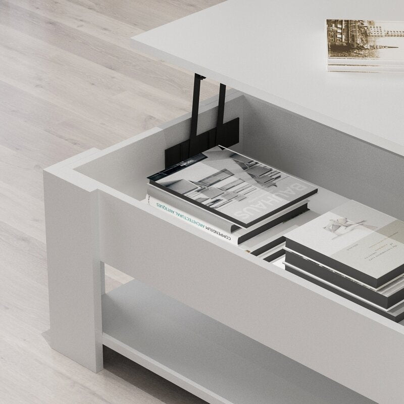 White Rohde Lift-Top Coffee Table With Hidden Compartment Storage Shelf Living Room Furniture