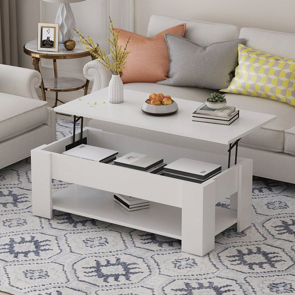 White Rohde Lift-Top Coffee Table With Hidden Compartment Storage Shelf Living Room Furniture
