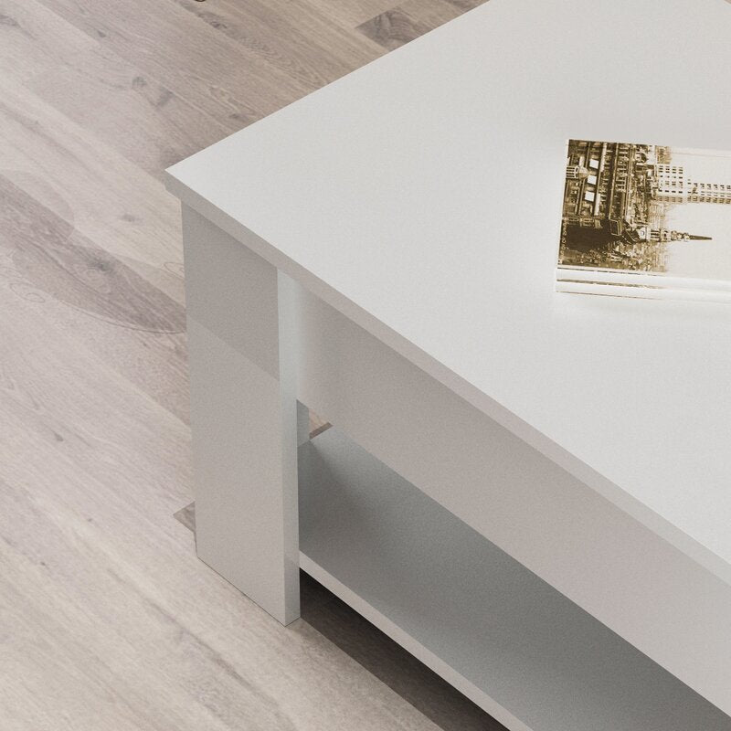 White Rohde Lift-Top Coffee Table With Hidden Compartment Storage Shelf Living Room Furniture