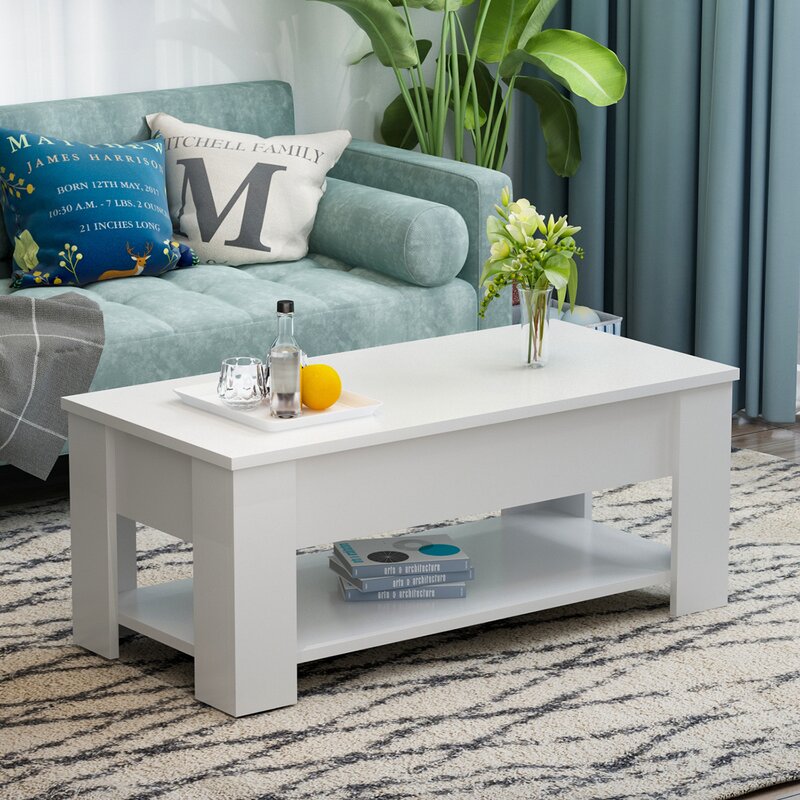 White Rohde Lift-Top Coffee Table With Hidden Compartment Storage Shelf Living Room Furniture