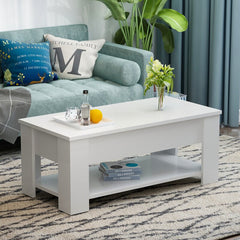 White Rohde Lift-Top Coffee Table With Hidden Compartment Storage Shelf Living Room Furniture
