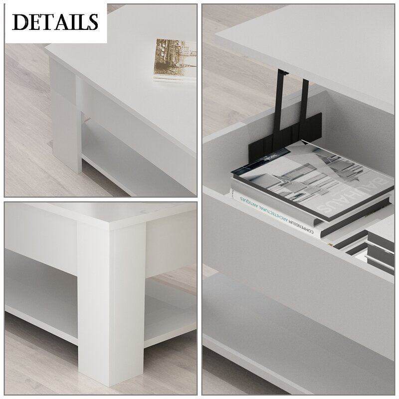 White Rohde Lift-Top Coffee Table With Hidden Compartment Storage Shelf Living Room Furniture