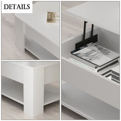 White Rohde Lift-Top Coffee Table With Hidden Compartment Storage Shelf Living Room Furniture