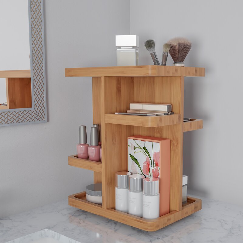 Rotating Rectangular Tabletop Makeup Organizer Multiple Shelves Conveniently Easily Hold Variety