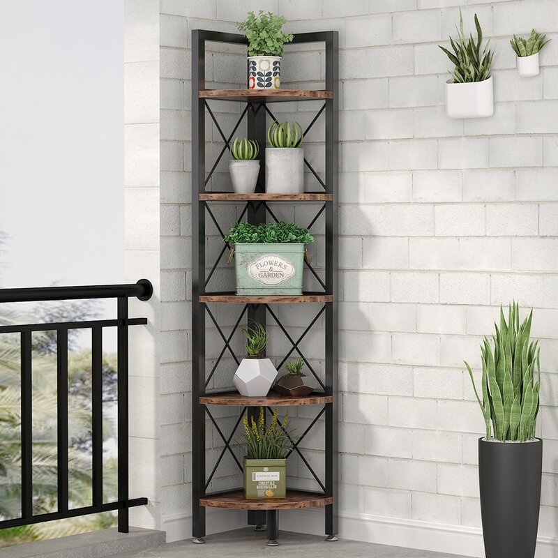 Brown/Black Iron Corner Bookcase 5-Tier Shelves Design Makes Full Use of Any Limited Space Or Odd Corner to Provide Additional Storage Space