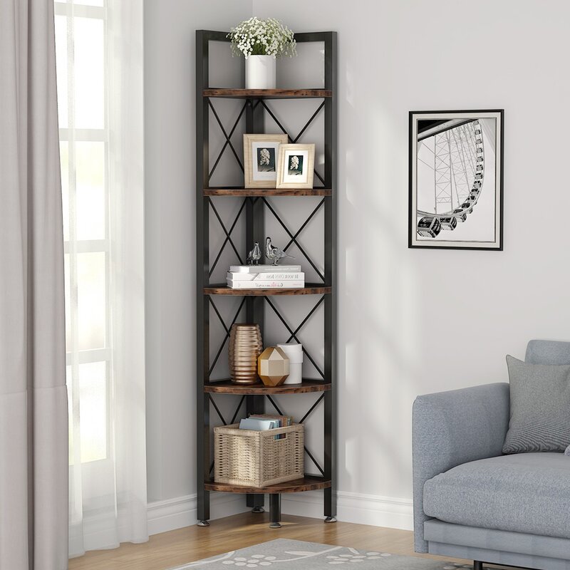 Brown/Black Iron Corner Bookcase 5-Tier Shelves Design Makes Full Use of Any Limited Space Or Odd Corner to Provide Additional Storage Space