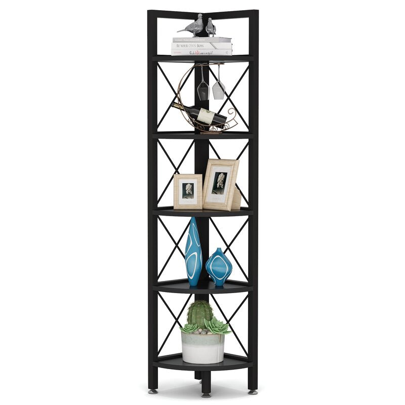 Black Iron Corner Bookcase The Ideal Corner Stand Shelf for Living Room, Kitchen, Bathroom 5-Tier Shelves Design Makes Full Use of Any Limited Space