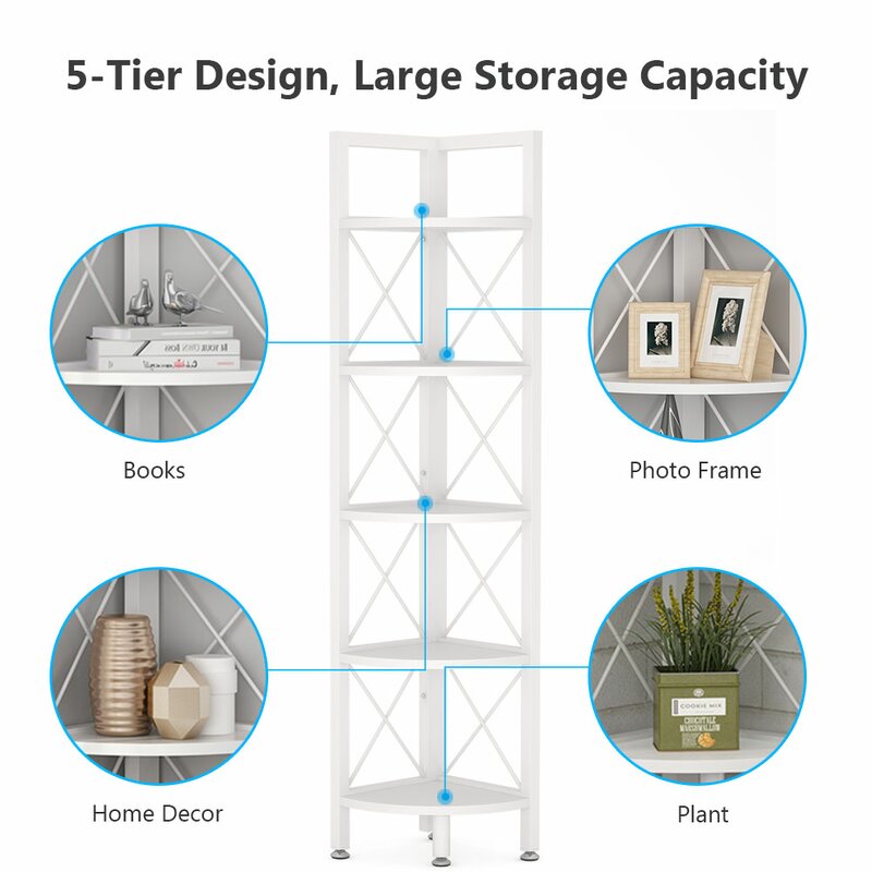 White 63'' H x 12.2'' W Iron Corner Bookcase Corner Stand Shelf