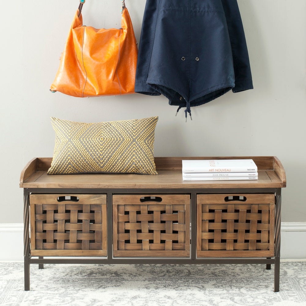 Oak Finish Entryway Wooden Storage Bench Absolute Essential in Any Entryway or Mudroom. Kick Off your Shoes Iron Frame, and Easily Stow Hats