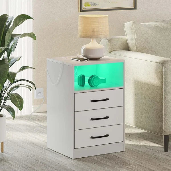White Salita 23.6'' Tall Pedestal 3 - Drawer End Table and Built-In Outlets