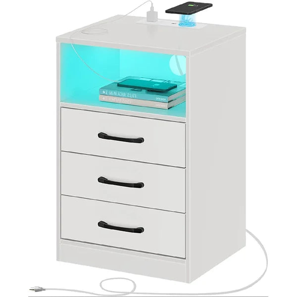 White Salita 23.6'' Tall Pedestal 3 - Drawer End Table and Built-In Outlets