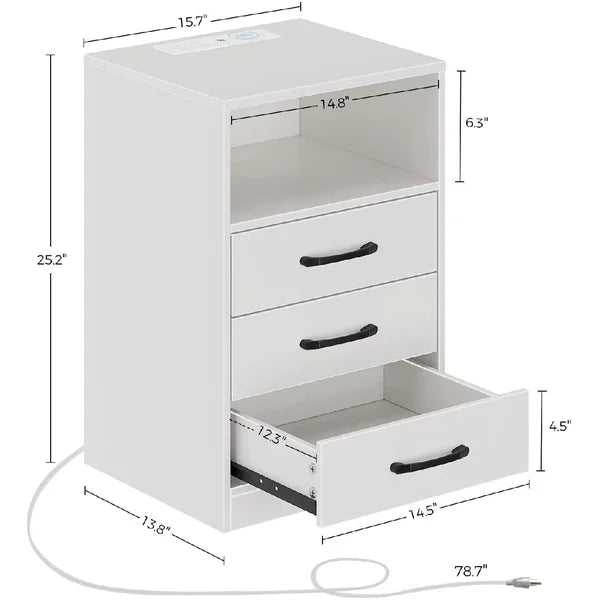 White Salita 23.6'' Tall Pedestal 3 - Drawer End Table and Built-In Outlets