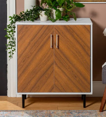 1 Lindesberg Modern Media Cabinet - White / Acorn Bookmatch Mid-century Charm to your Décor