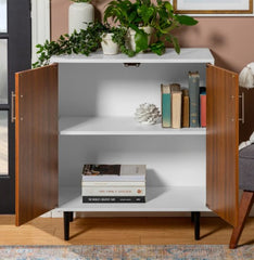 1 Lindesberg Modern Media Cabinet - White / Acorn Bookmatch Mid-century Charm to your Décor