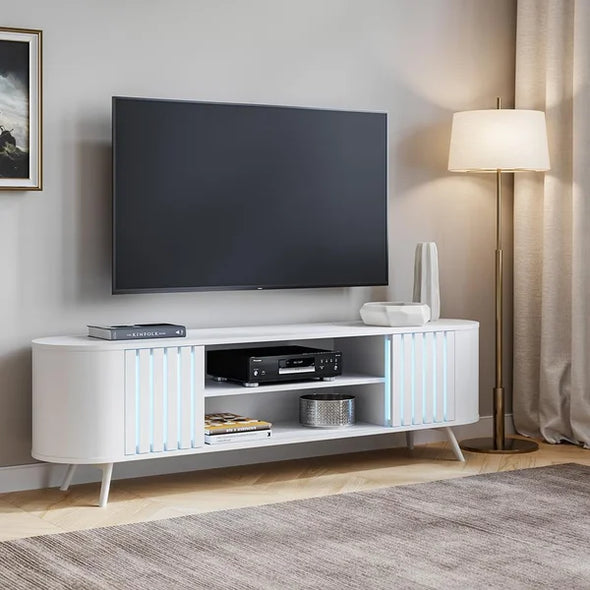 White Serrah Solid Wood TV Stand for TVs up to 85" with Cable Management 16 colors LED light