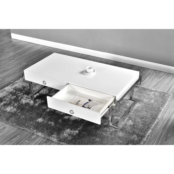 Silver Sled Coffee Table with Storage 2 Drawers with Metal Side Rails