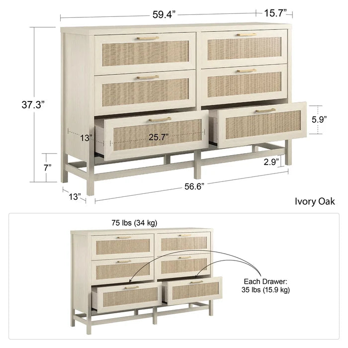 Stehouse 6 Drawer 59.4'' W Double Dresser Made of Laminated MDF and Particleboard Pairs