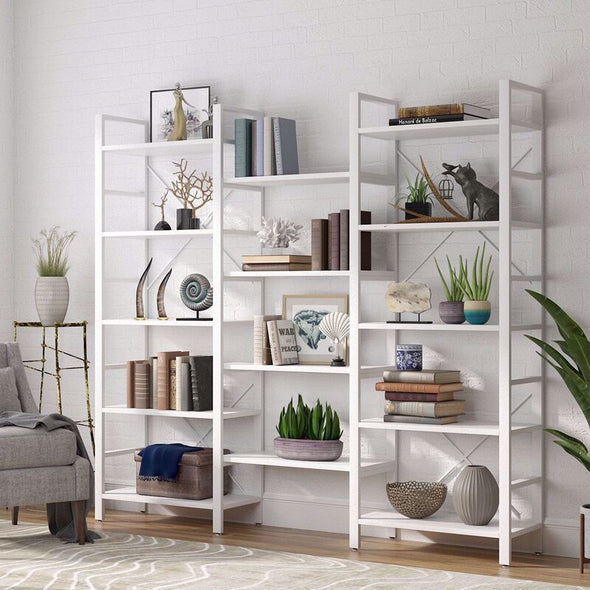 White 69'' H x 70.86'' W Steel Etagere Bookcase Triple Wide Open Bookcase is Perfect for Storing Books, Files, and all your Favorite Decorative