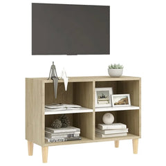 White Sonoma Oak TV Stand for TVs up to 32" Four Wooden Legs is Stable and Sturdy
