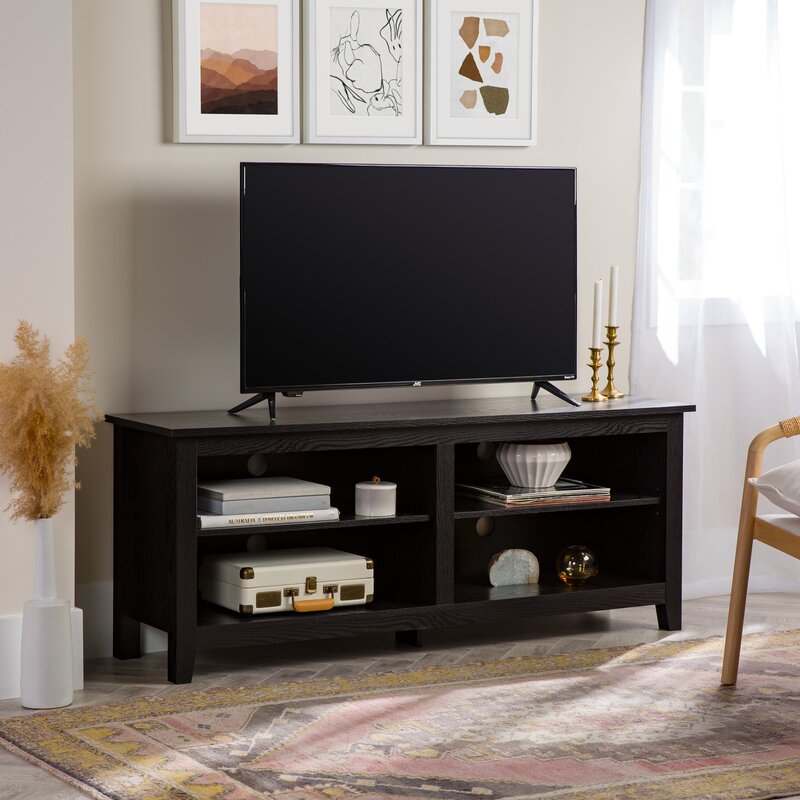 Black TV Stand for TVs up to 65" for your Living Room Look or Den Four Open Shelves for Keeping DVDs and Media Players