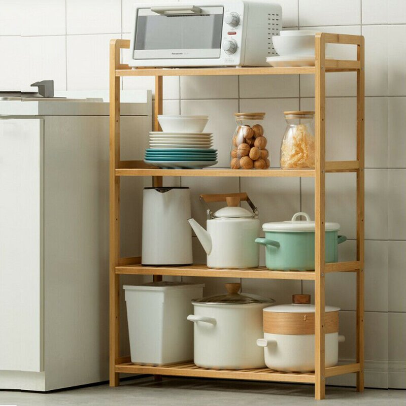 Tall 4 Tier Bamboo Wood Storage Rack Kitchen Shelving Unit strong Stability