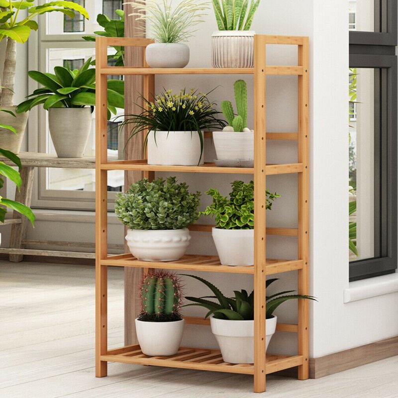 Tall 4 Tier Bamboo Wood Storage Rack Kitchen Shelving Unit strong Stability