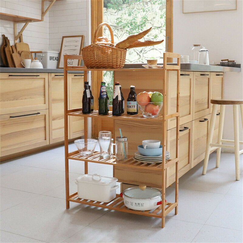 Tall 4 Tier Bamboo Wood Storage Rack Kitchen Shelving Unit strong Stability