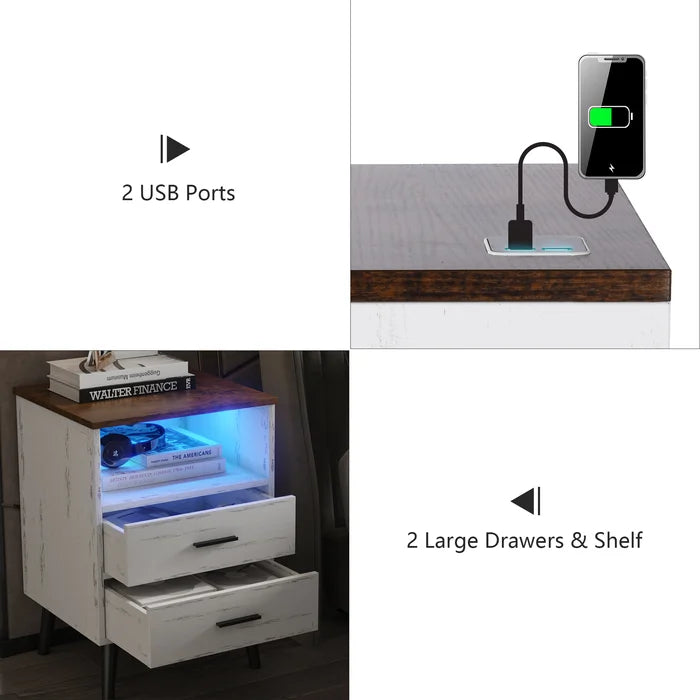 White Targo 25.5'' Tall 2 - Drawer LED Lights Nightstand