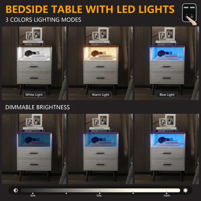 White Targo 25.5'' Tall 2 - Drawer LED Lights Nightstand