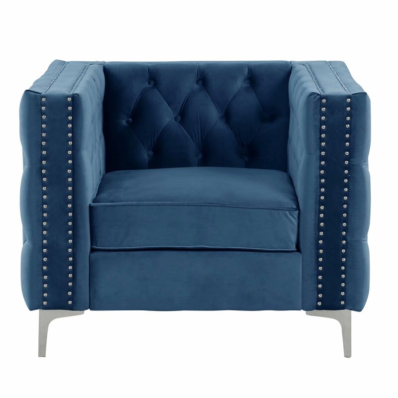 Blue Velvet 38.5'' Wide Tufted Velvet Armchair Foam and Polyester Fiber Wadding Provide Comfortable