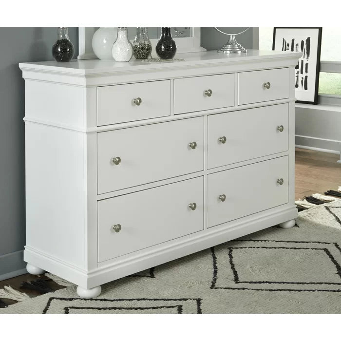 Natural White Theodis 7 Drawer 54'' W Solid Wood Double Dresser with Mirror