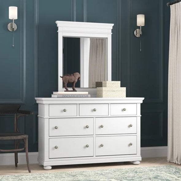 Natural White Theodis 7 Drawer 54'' W Solid Wood Double Dresser with Mirror