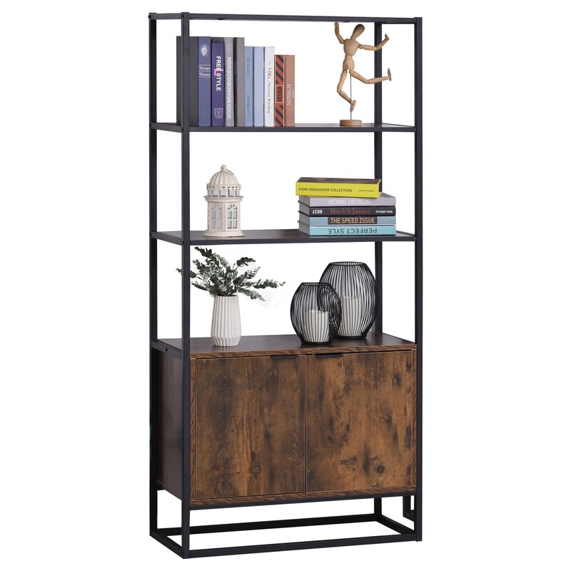 64'' H x 30'' W Standard Bookcase 3 Open Shelves and 1 Double Door Cupboard Plenty of Room for you to Display Plants, Photos Albums, Books, Ornament