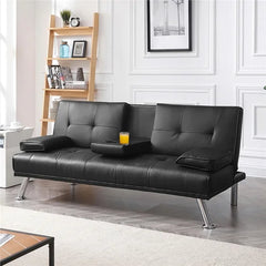 Twin 66'' Wide Faux Leather Cushion Back Convertible Sofa with Storage