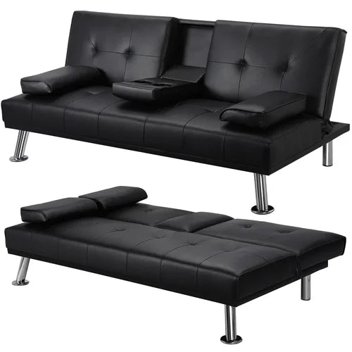 Twin 66'' Wide Faux Leather Cushion Back Convertible Sofa with Storage
